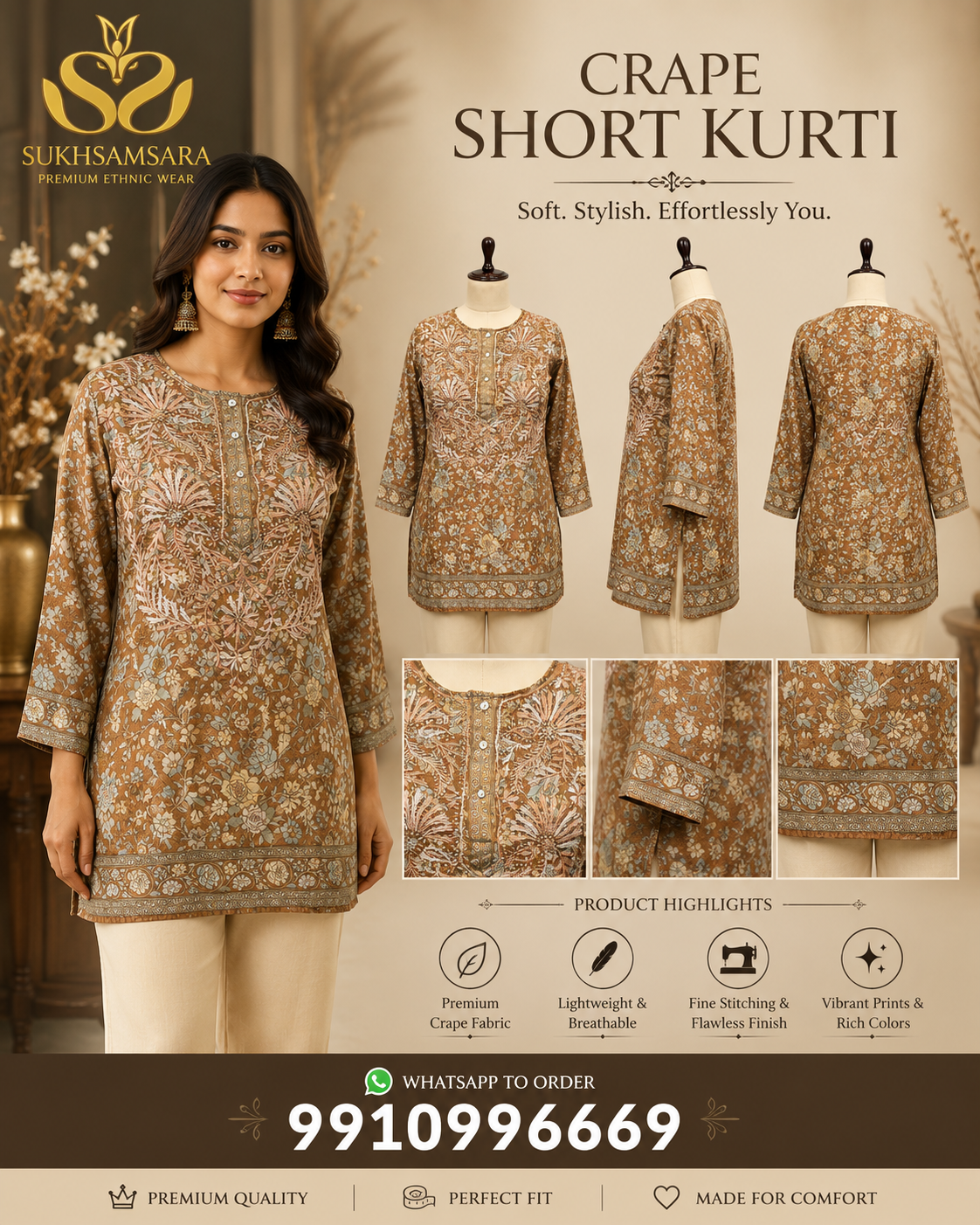 Brown Crape Short Kurti
