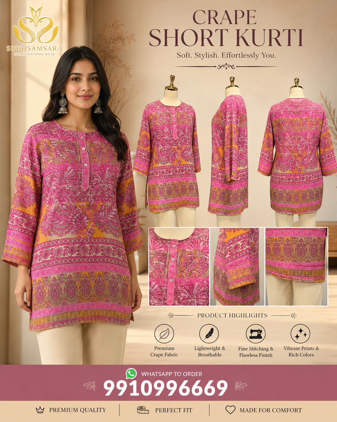 Pink Crape Short Kurti