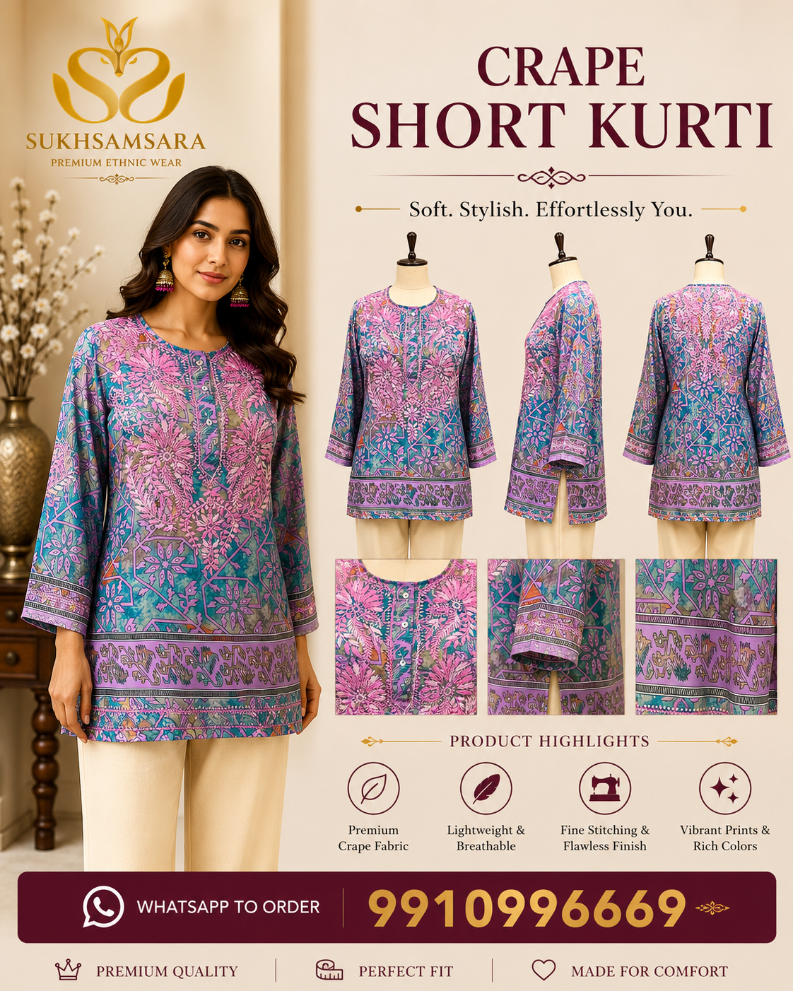 Blue & Pink Floral Crape Short Kurti