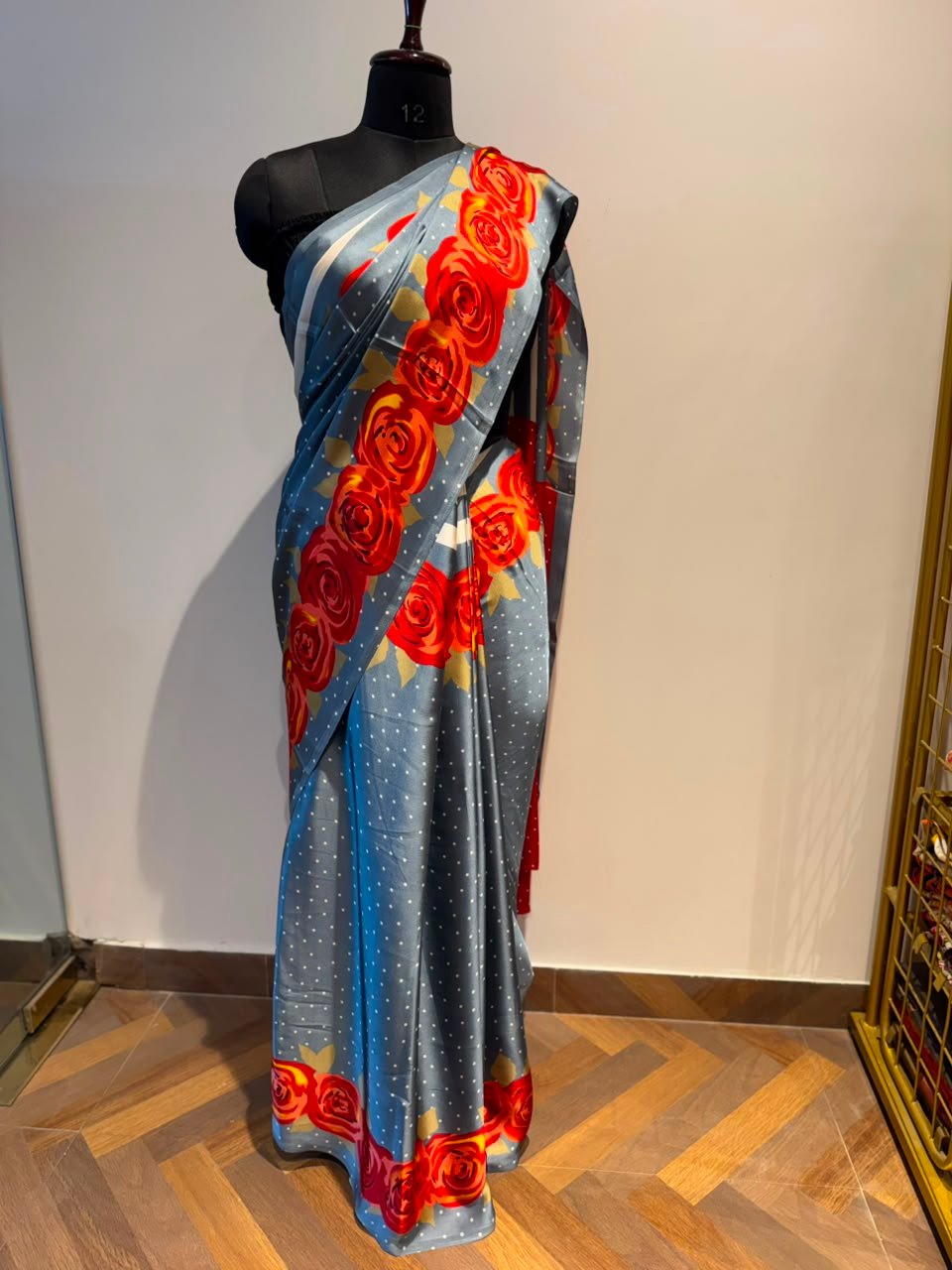 Gray Saree with Rose Printed Bordered Crape Saree