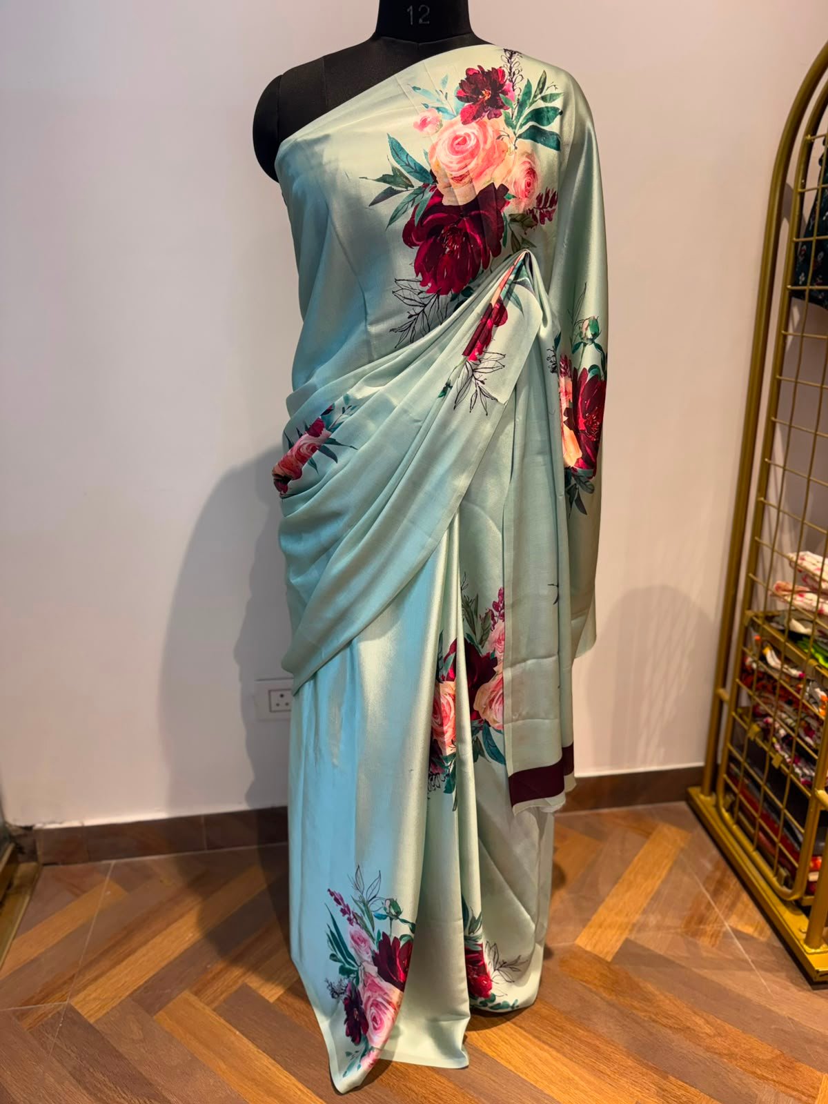 Green Red Rose Printed Bordered Crape Saree