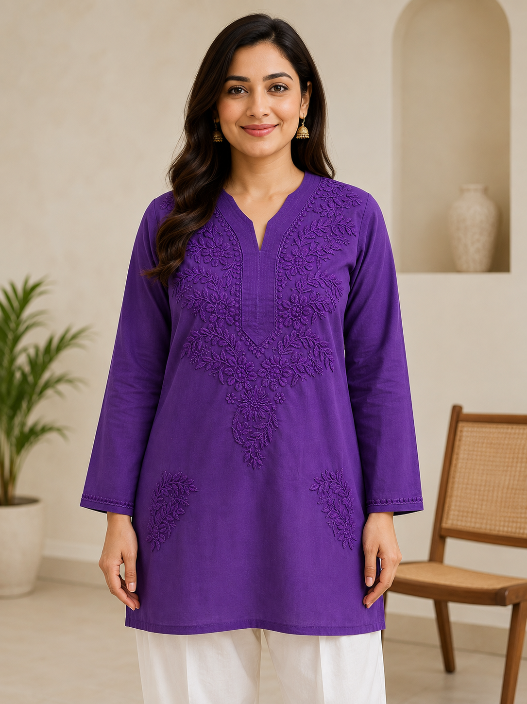 cotton short  kurti chikan kari work