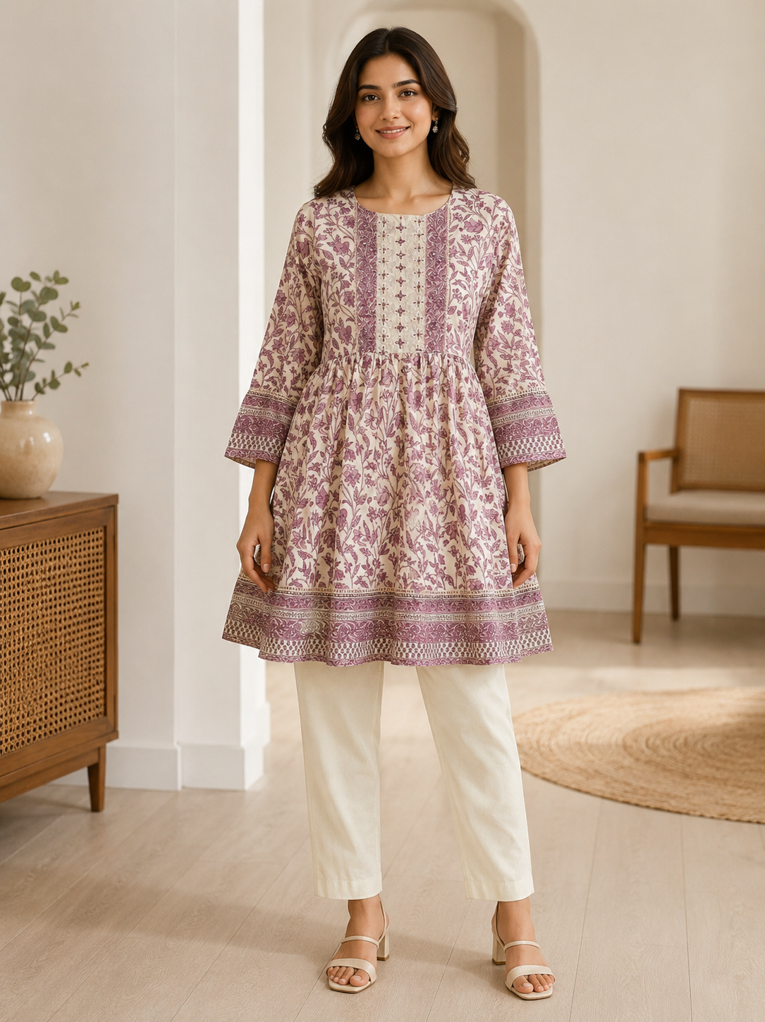 Purple Colored Printed Frock Style Short Kurti