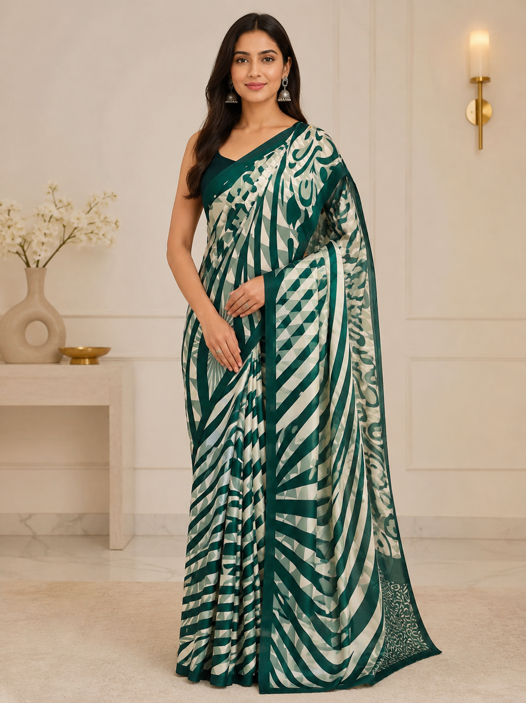 Green Bordered Printed Crepe Saree
