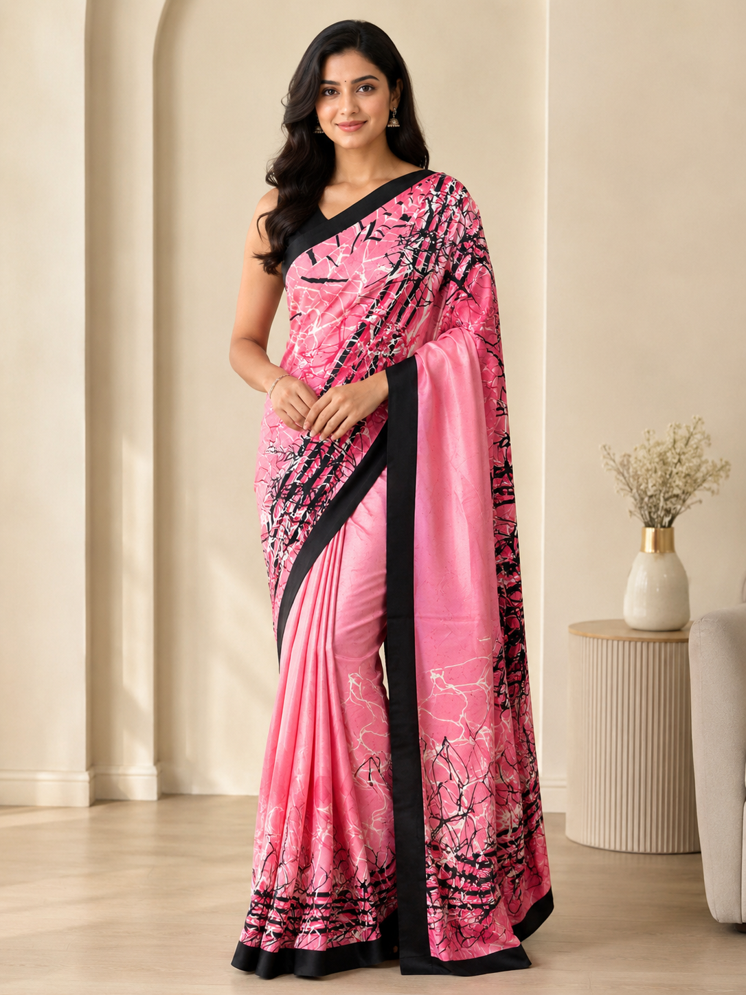 Pink Printed Bordered Crepe Saree