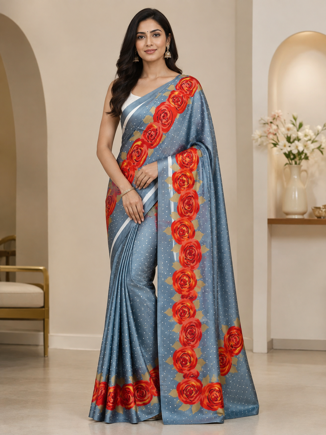 Gray Saree with Rose Printed Bordered Crepe Saree