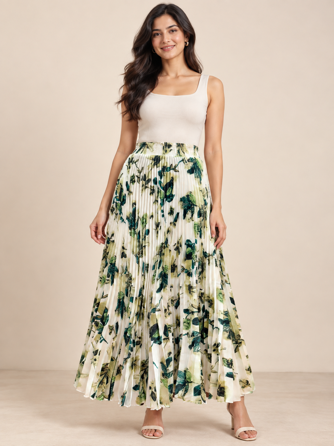 White With Green Leaf Printed Skirt