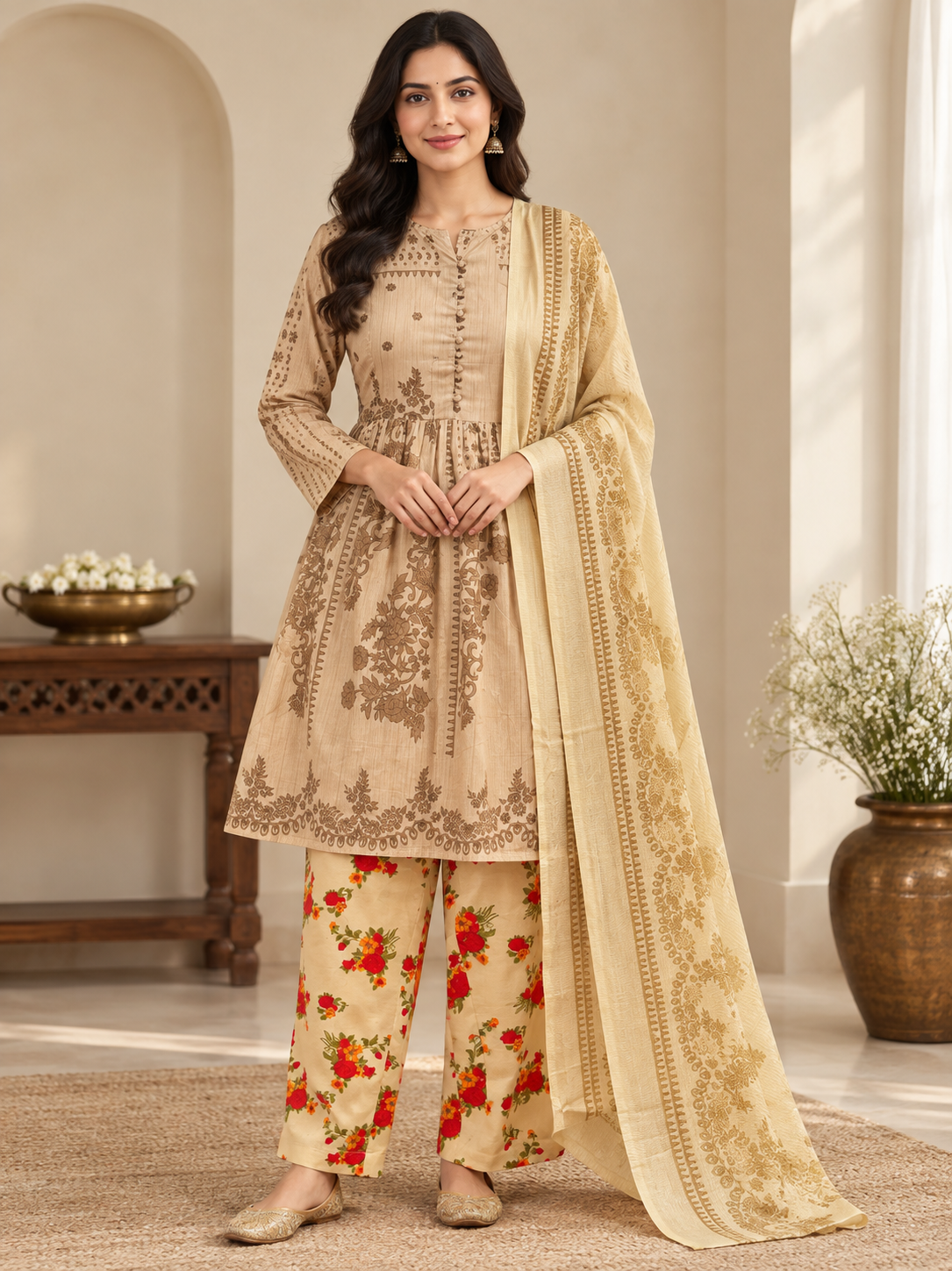 Ethnic Style Brown Color Printed Frock Style 3PC Suit