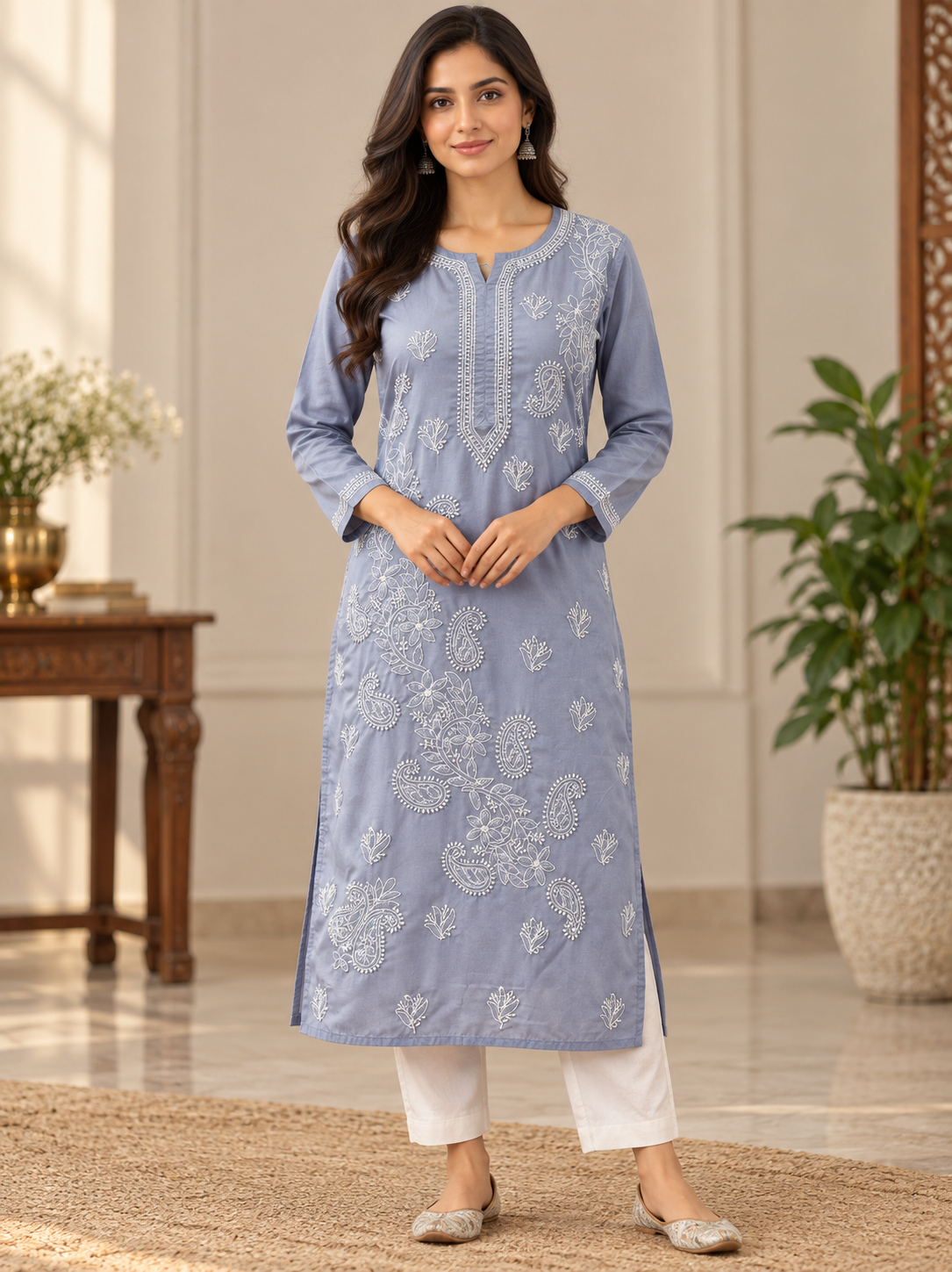 cotton long  kurti chikankari work Gray
