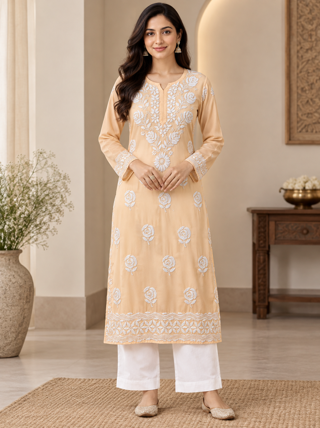 georgette  fabric  chikankari full sleeve long  kurti Cream