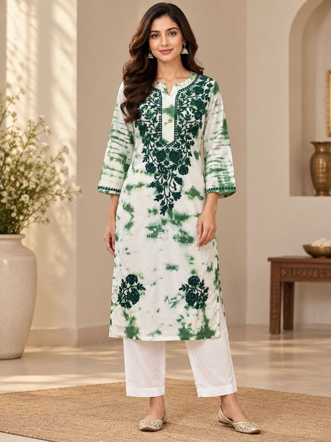 cotton long kurti chikankari tie & dye