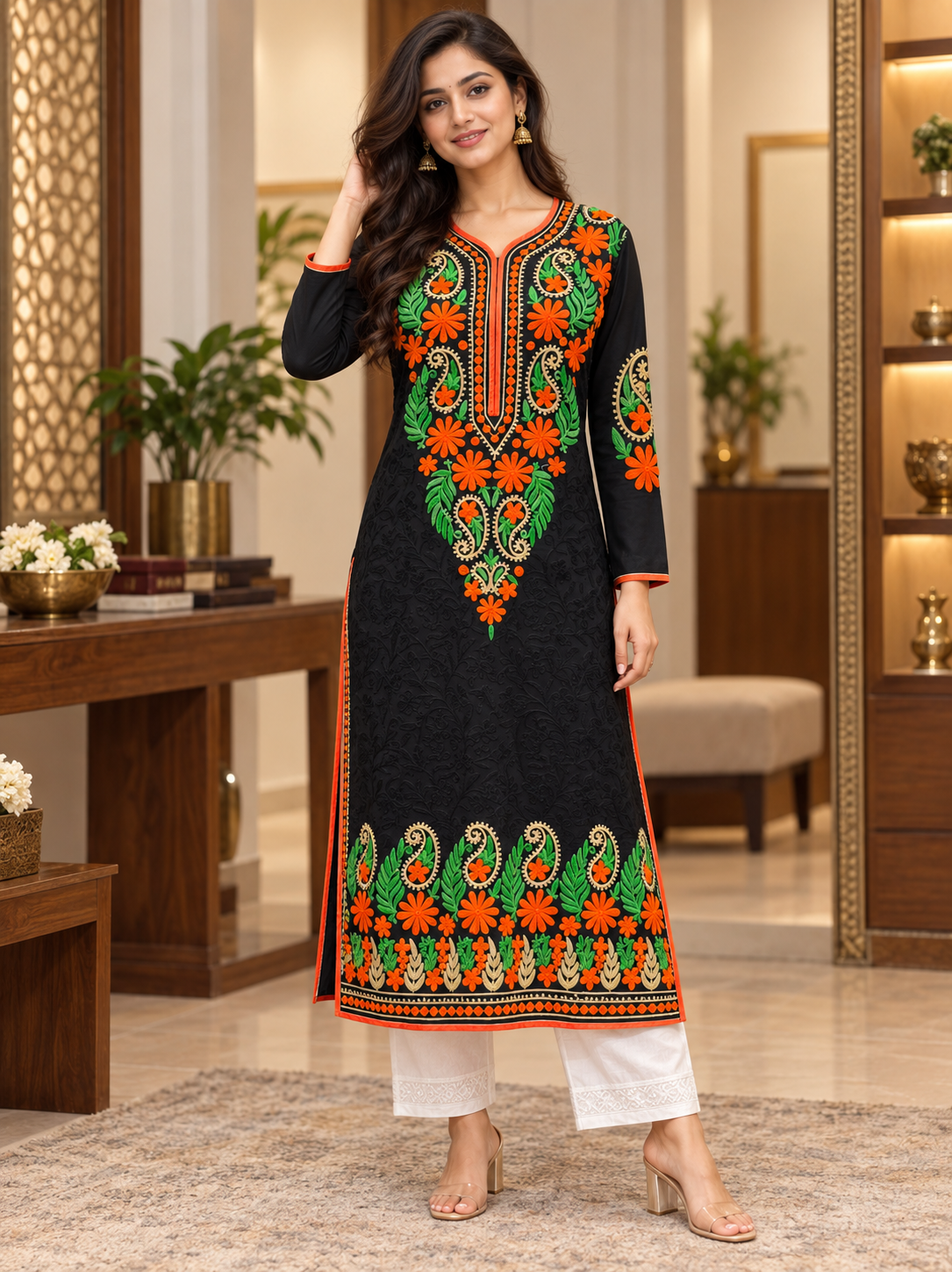 Black cotton kurti long chikankari work