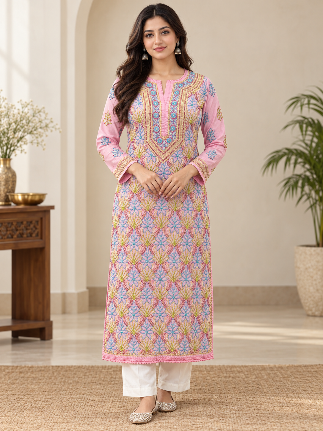 Pink cotton kurti long chikankari  work