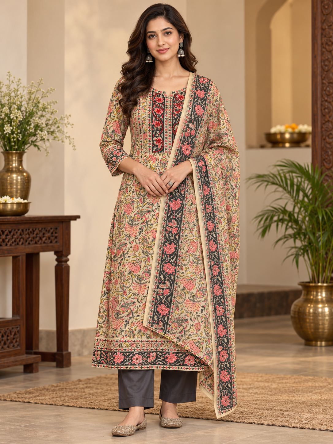 Premium Brown Printed Border Frock Style Kurta
