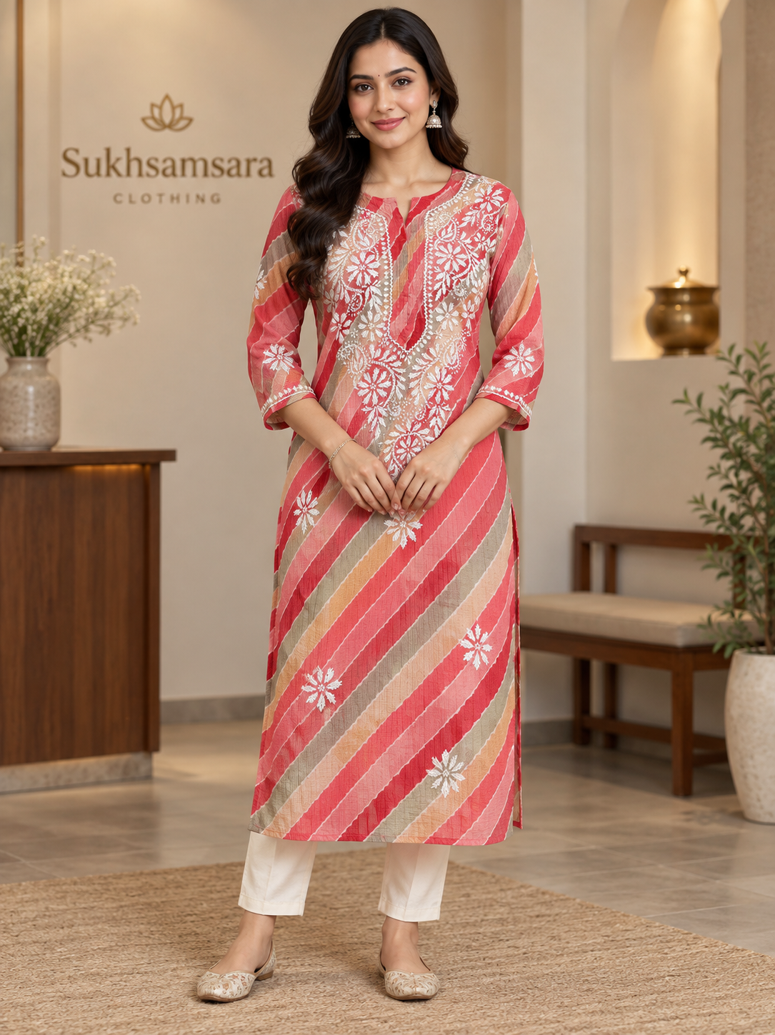 Pink kota doria  long kurti full sleeves in lucknowi Pattern