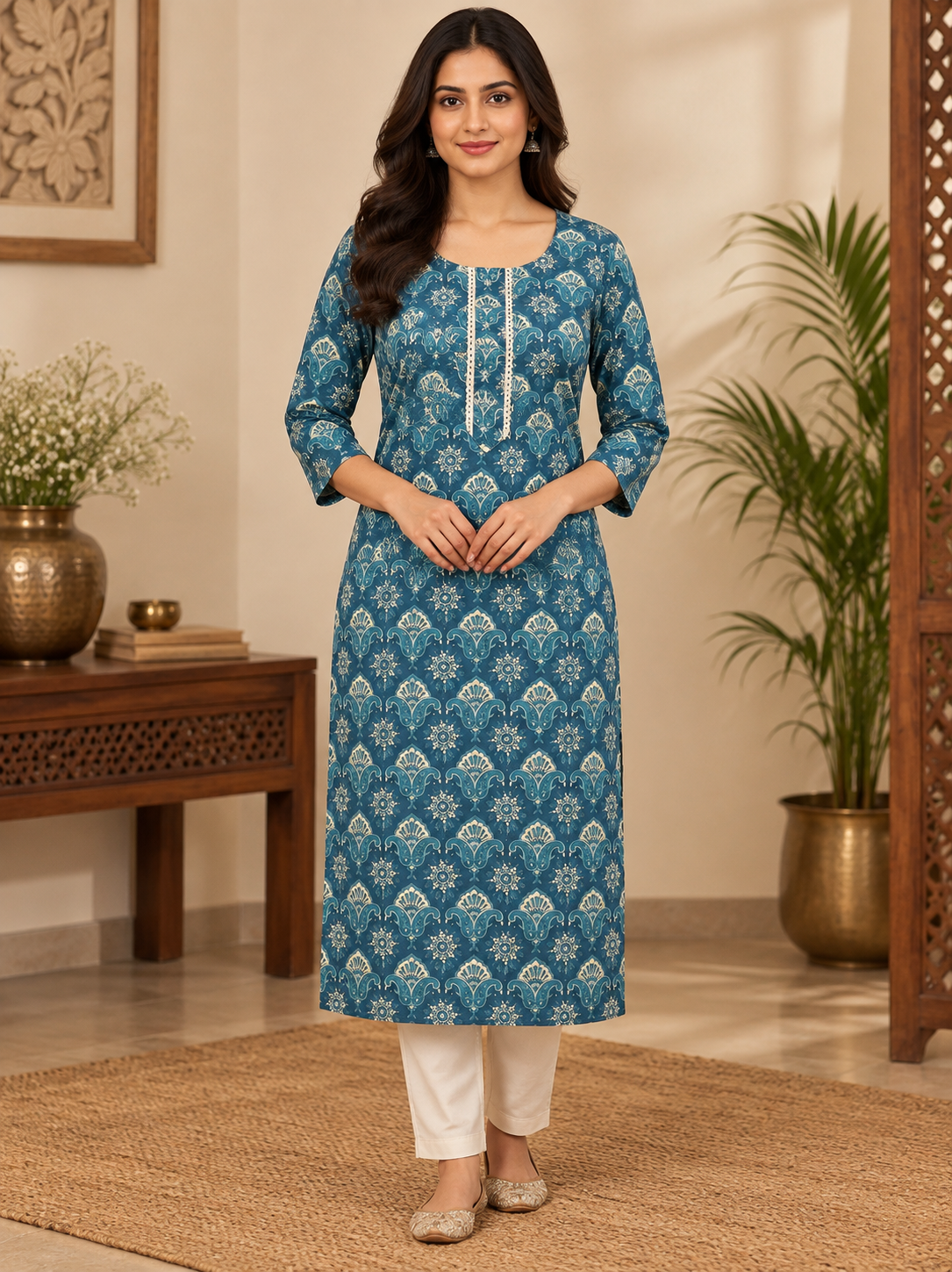 straight kurti fabric cotton blue