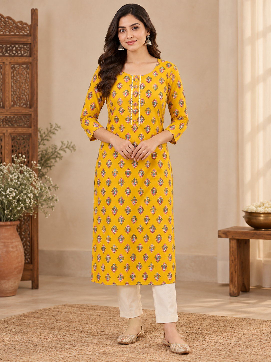 straight kurti fabric cotton yellow