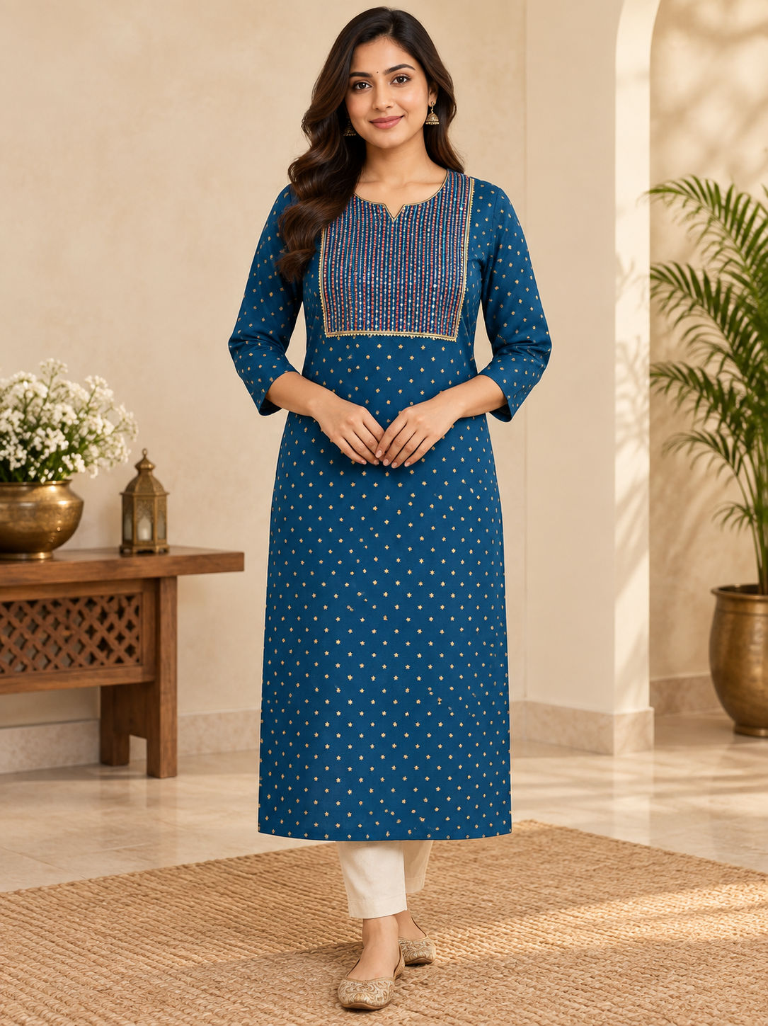 straight kurti  fabric cotton  navy blue