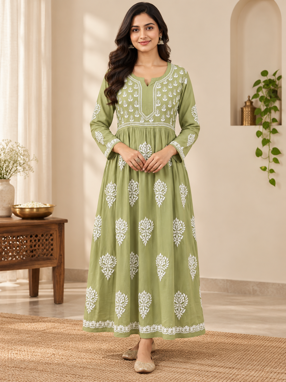 cotton mudal work long kurti  colour  green