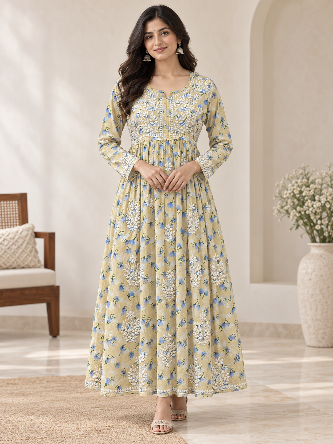 cotton mudal work long kurti colour cream