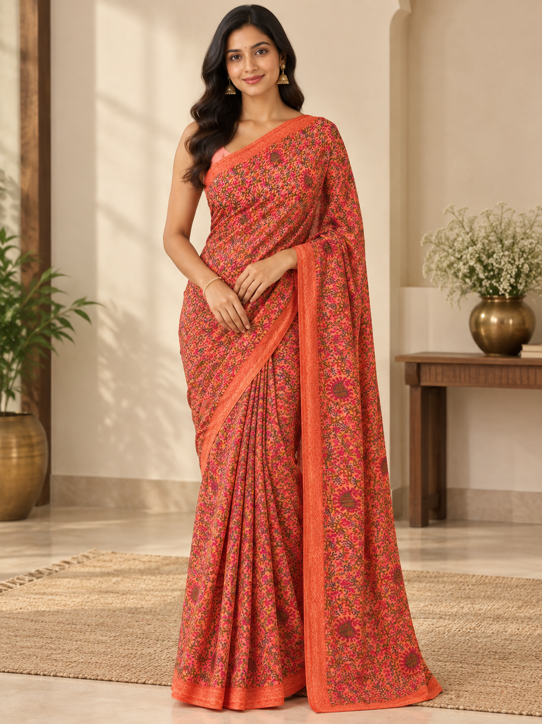 fabric georgette bandhani print Peach Saree