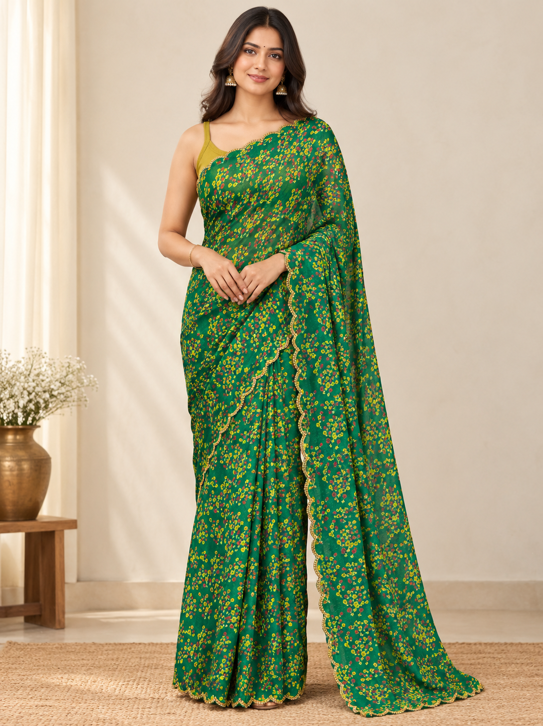 fabric georgette bandhni print green