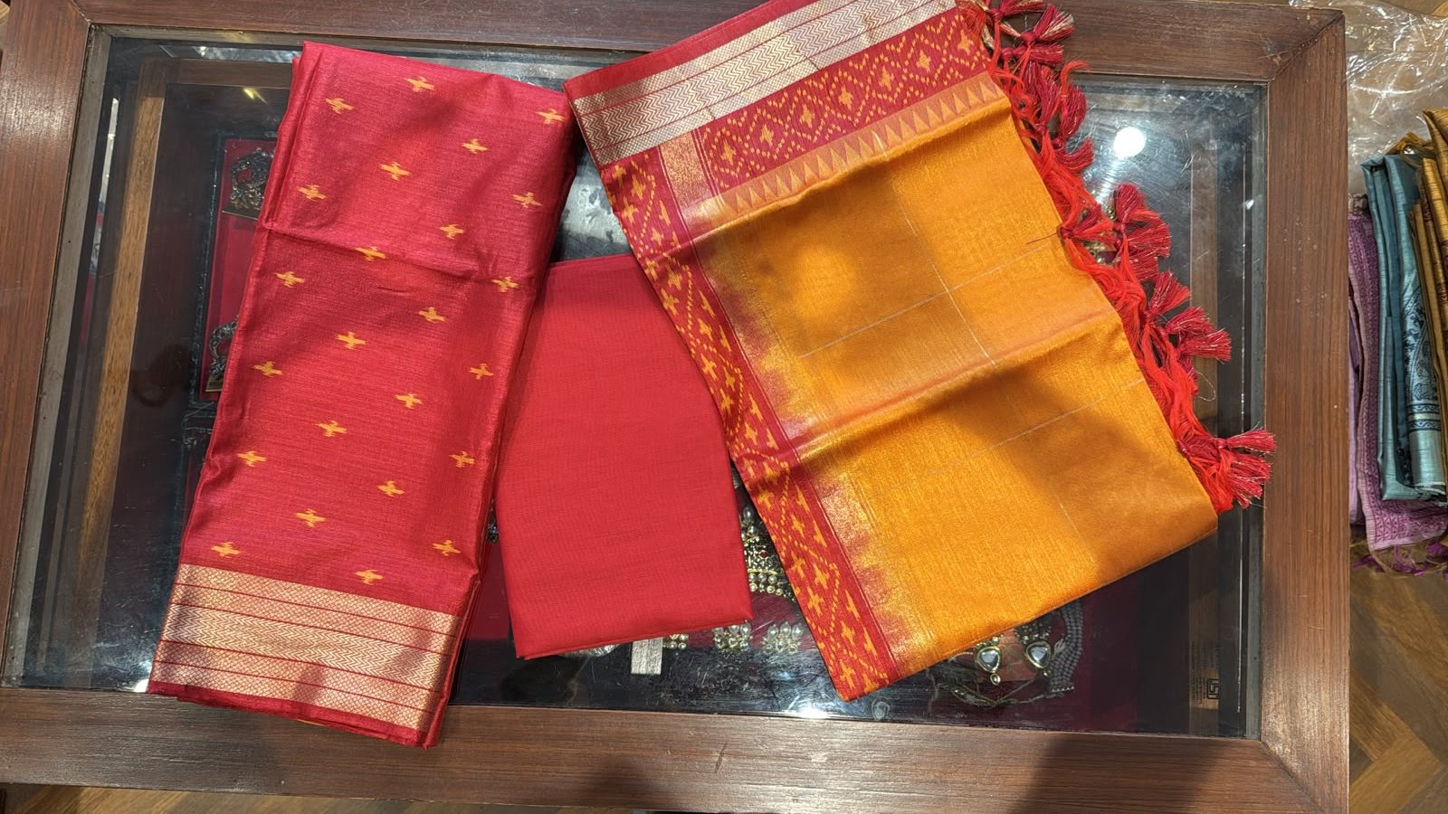 Ruby Red Silk Unstitched 3-Piece Suit Set with Golden Woven Buti & Zari Border Dupatta