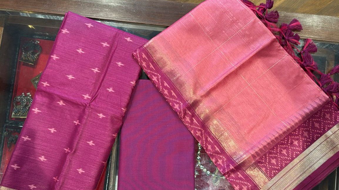 Magenta Pink Silk Unstitched 3-Piece Suit Set with Golden Woven Buti & Rose Pink Zari Border Dupatta