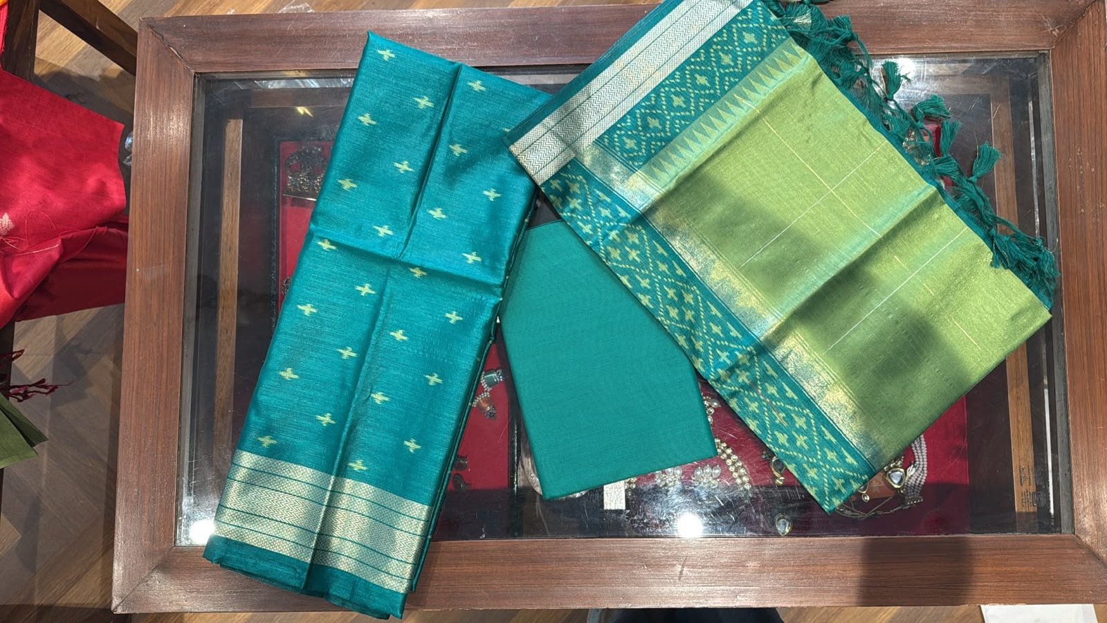 Green Silk Unstitched 3-Piece Suit Set with Golden Zari Buti & Dupatta
