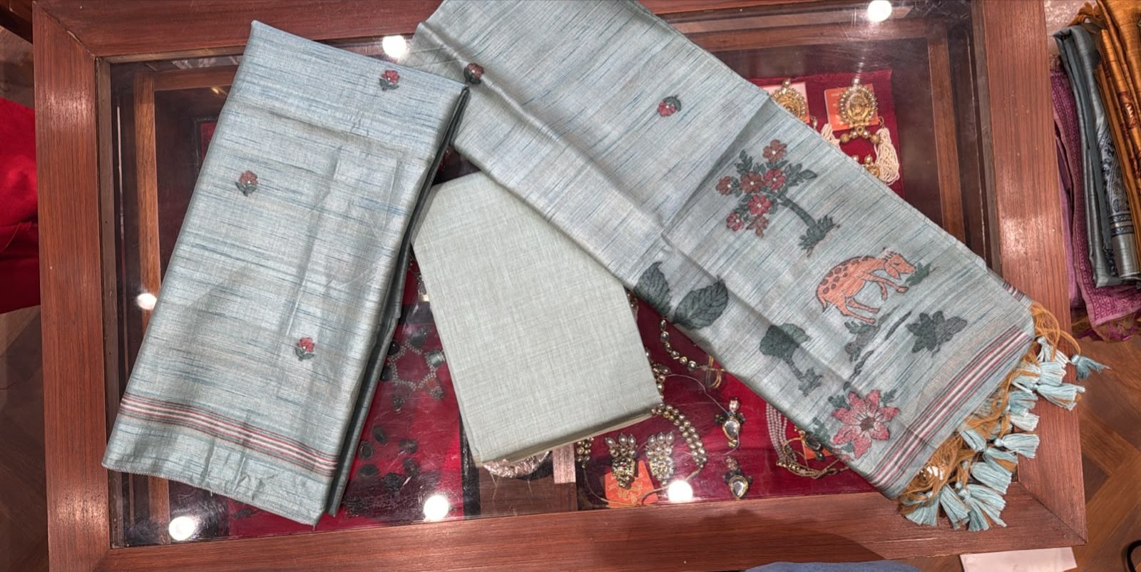Misty Sage Silk Unstitched 3-Piece Suit with Floral Deer Print Dupatta