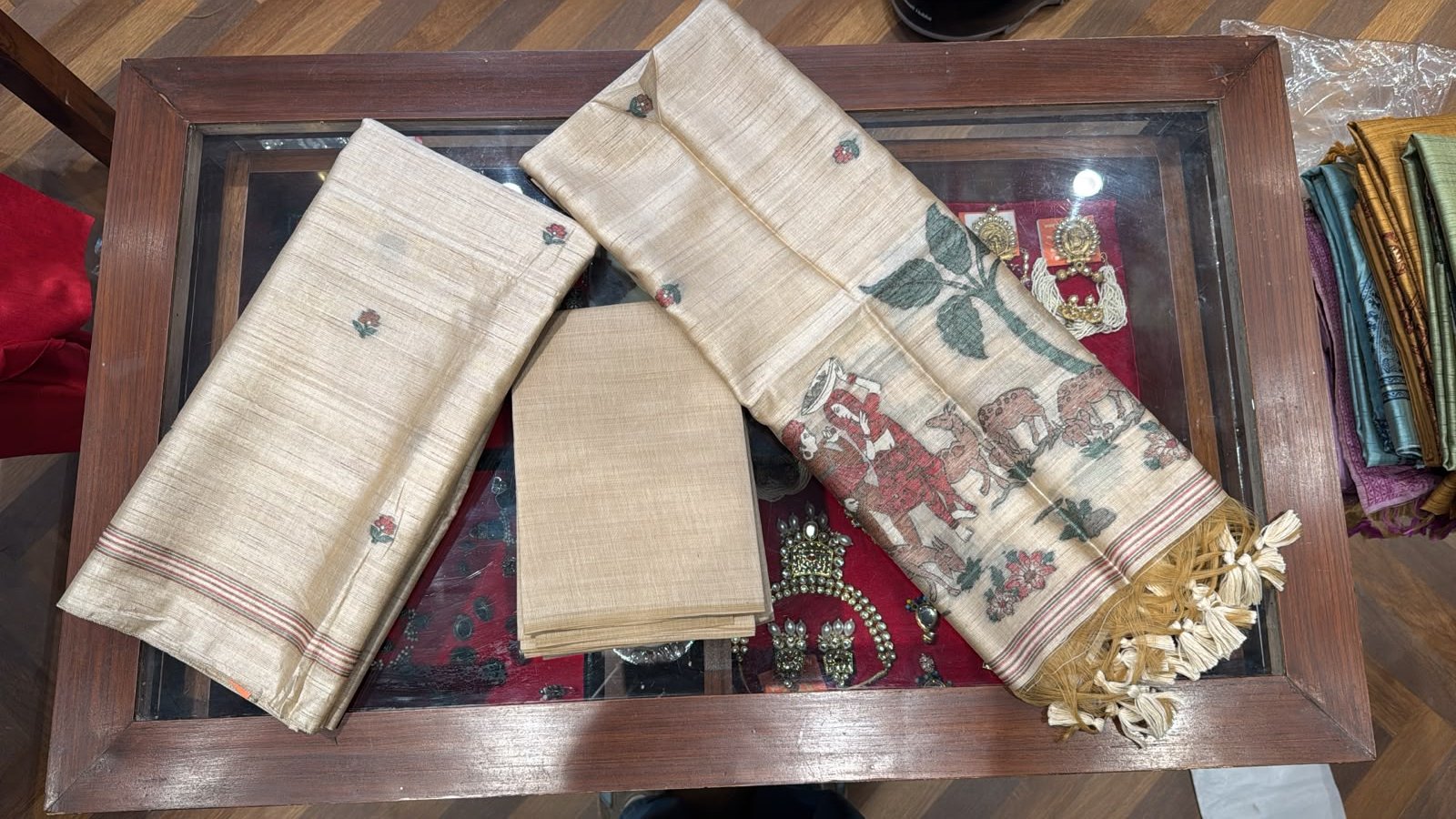 Ivory Rajwada Silk Unstitched 3-Piece Suit with Royal Elephant Print Dupatta