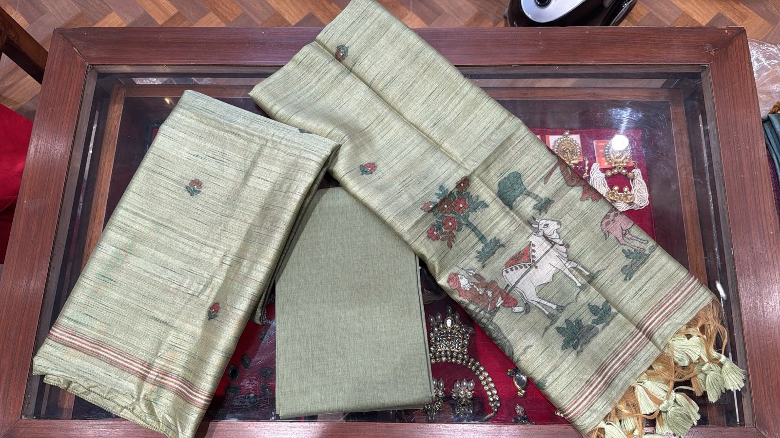 Sage Rajputana Silk Unstitched 3-Piece Suit with Royal Horse Print Dupatta