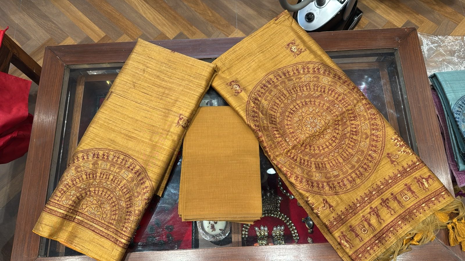 Suvarna Mandala Silk Unstitched 3-Piece Suit with Tribal Art Dupatta