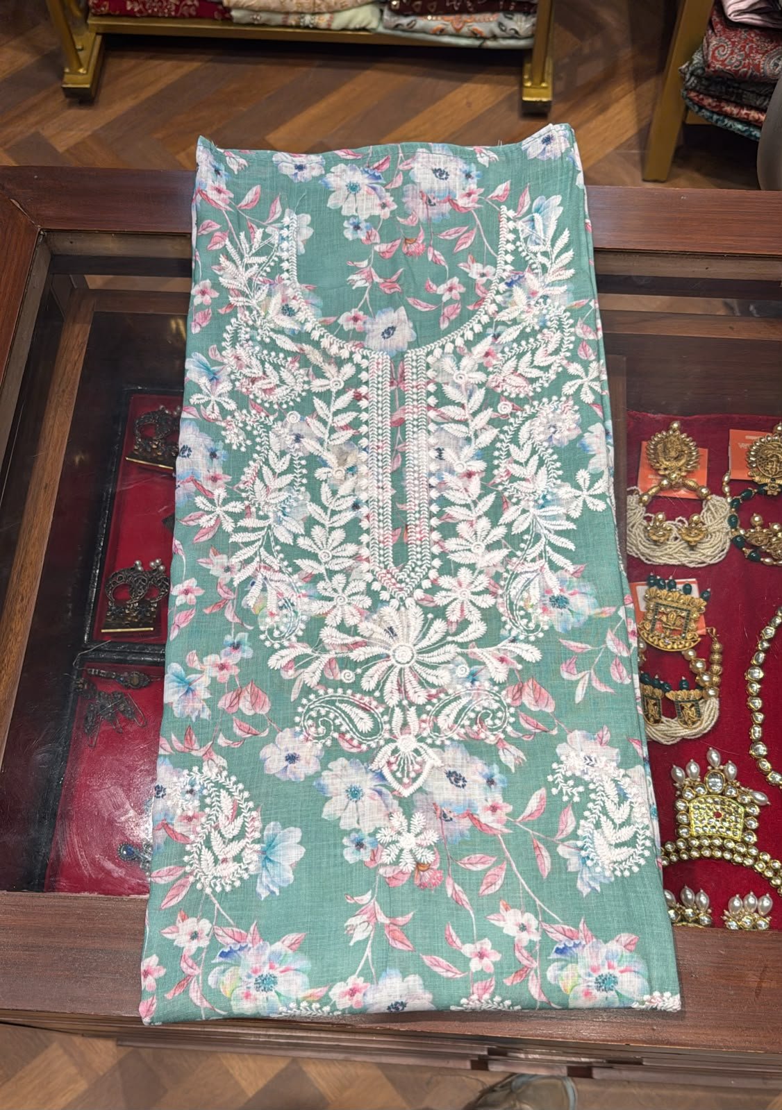 Aqua Bloom Linen Chikankari 3-Piece Suit Set