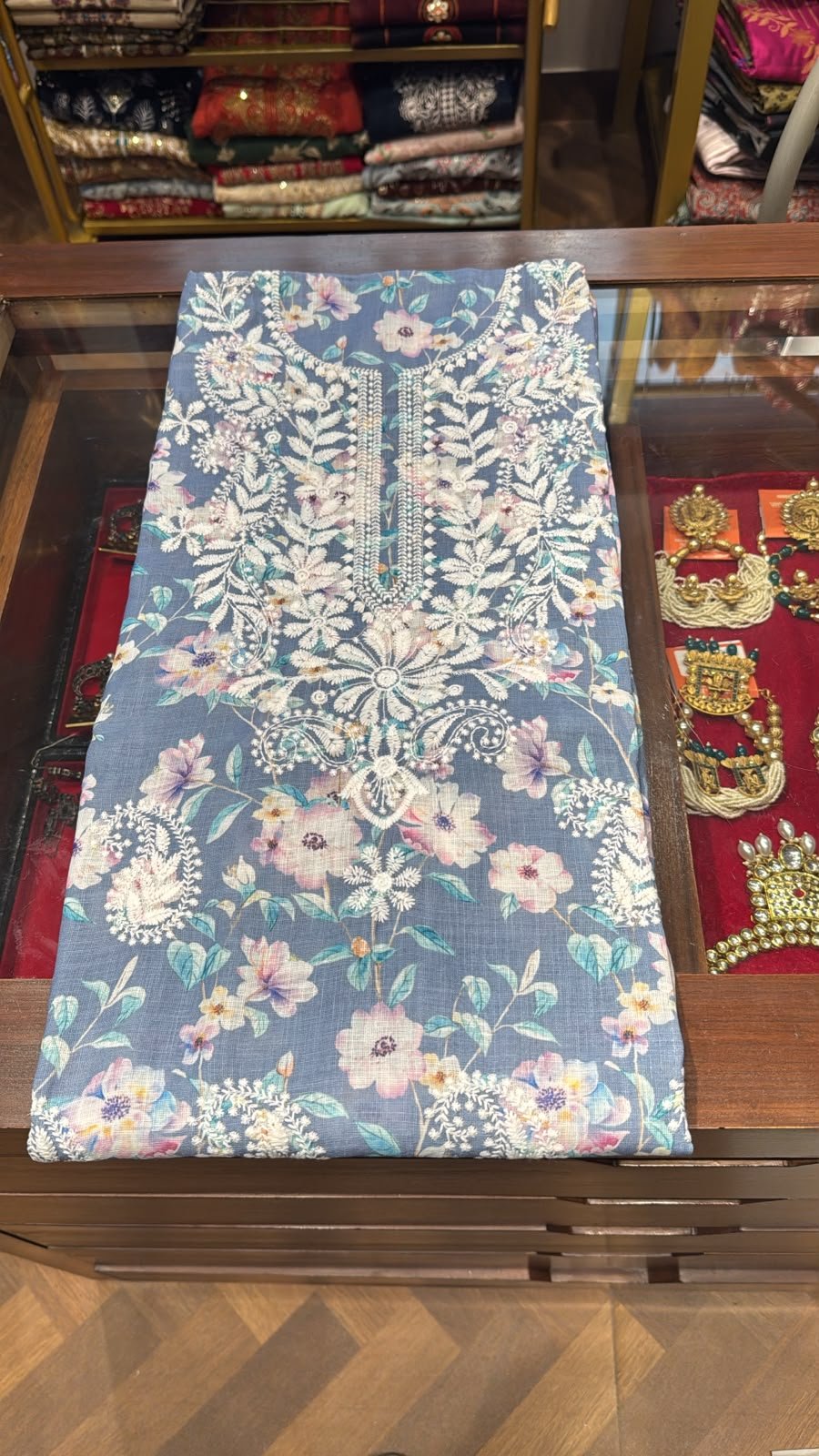Indigo Bloom Linen Chikankari 3-Piece Suit Set