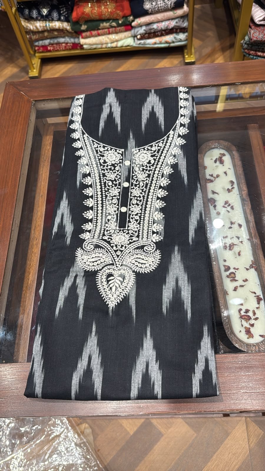 Noir Ikat Cotton Chikankari Unstitched 3-Piece Suit Set